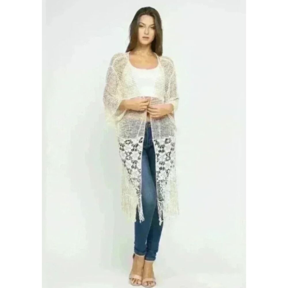 House of Harlow 1960 Ivory Crochet Lace Fringe Cardigan Kimono One Size